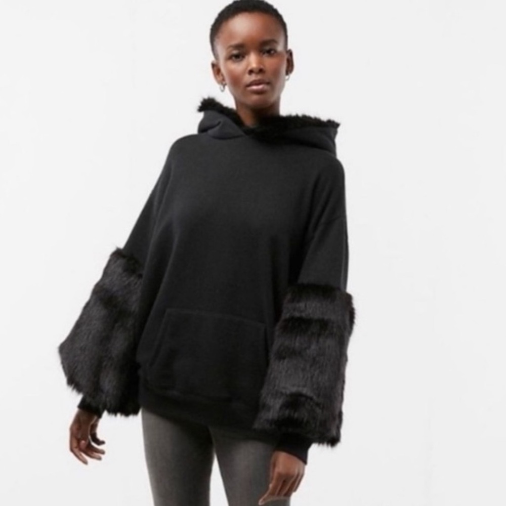 Express x One Eleven Black Faux Fur‎ Hoodie XL NWT